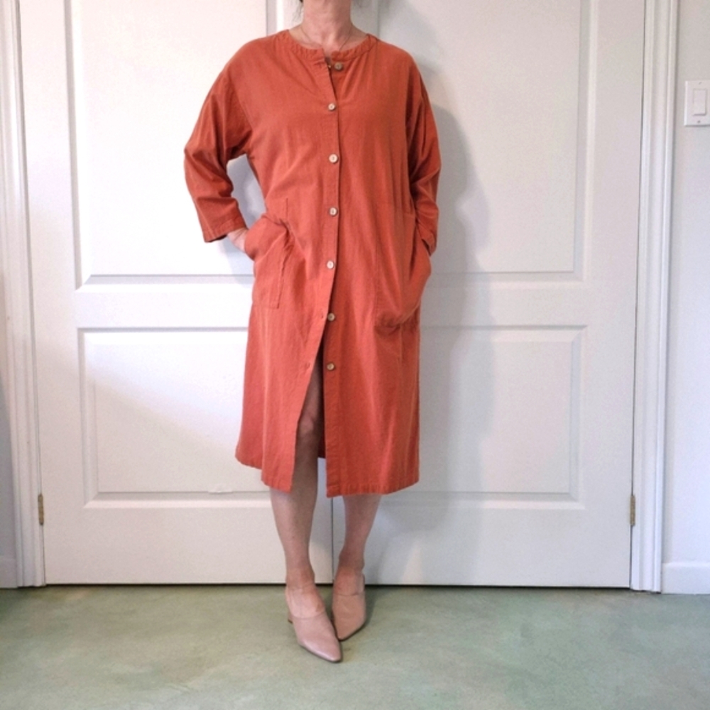 Rust Button-Up Dress/Overcoat with Pockets | Cotton | Size M